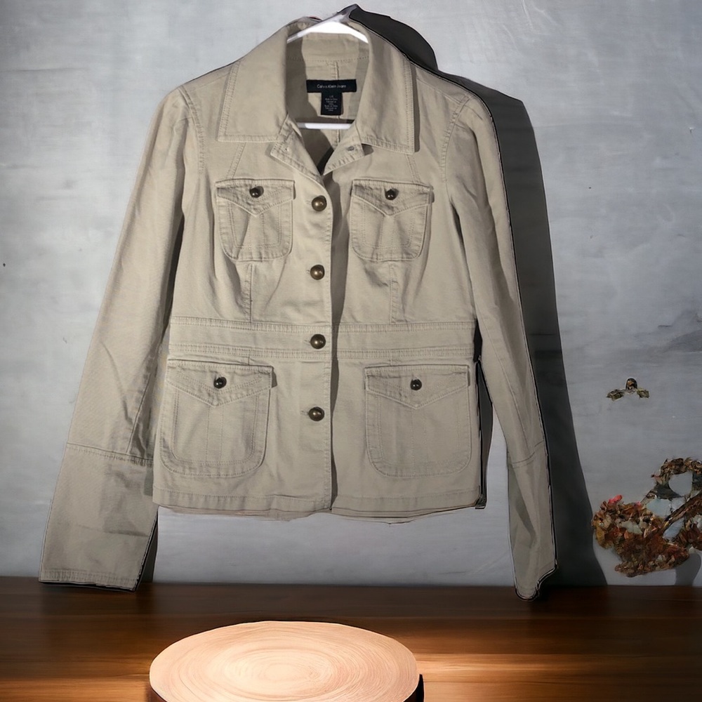 Calvin Klein Khaki Beige Button Up 4 Pocket Collared Jacket Women’s Large
